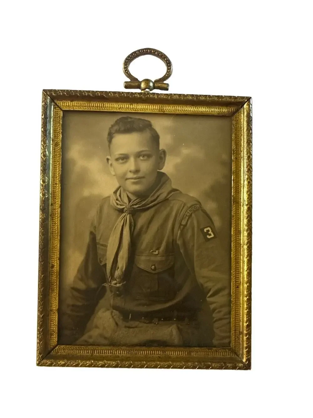 Vintage Ornate Brass Mini Picture Frame Boy Scout Photo 4.5x3.5” Hanging